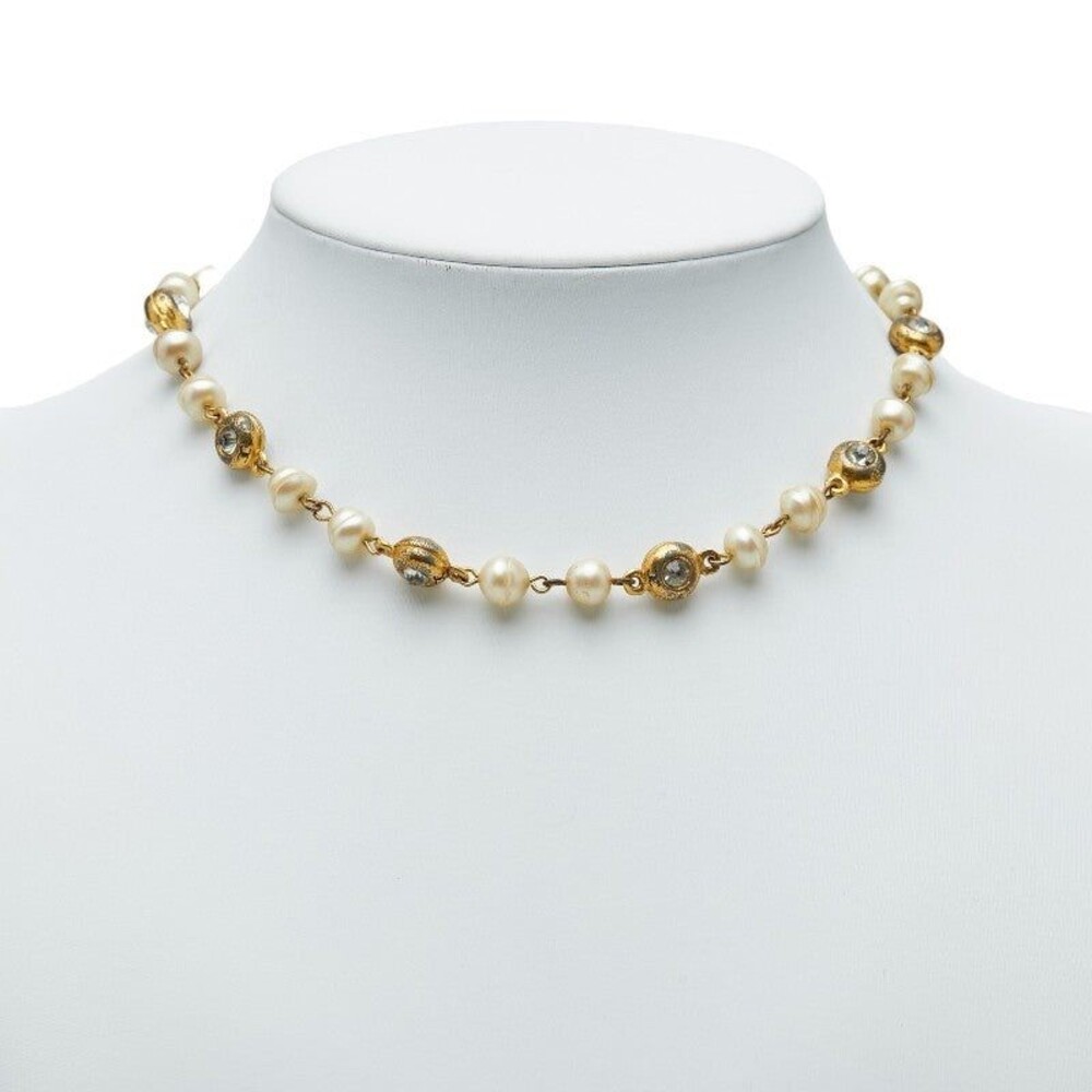 Chanel CC Logo Gold Plated Rhinestone Faux Pearl Necklace